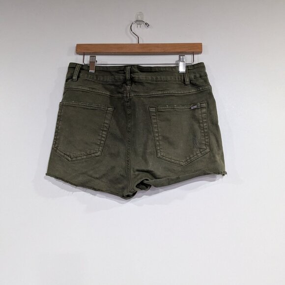 Harlow Button Fly Hi-Rise Distressed Denim Jean Shorts Olive Green Size 31 - Picture 3 of 5